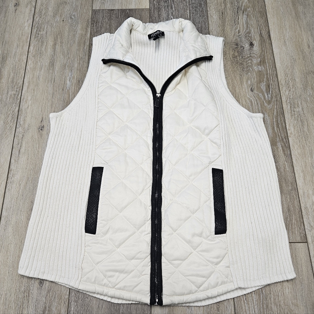 Jones Of New York Zippered Quilted Sweater Vest White Black Women's Large
